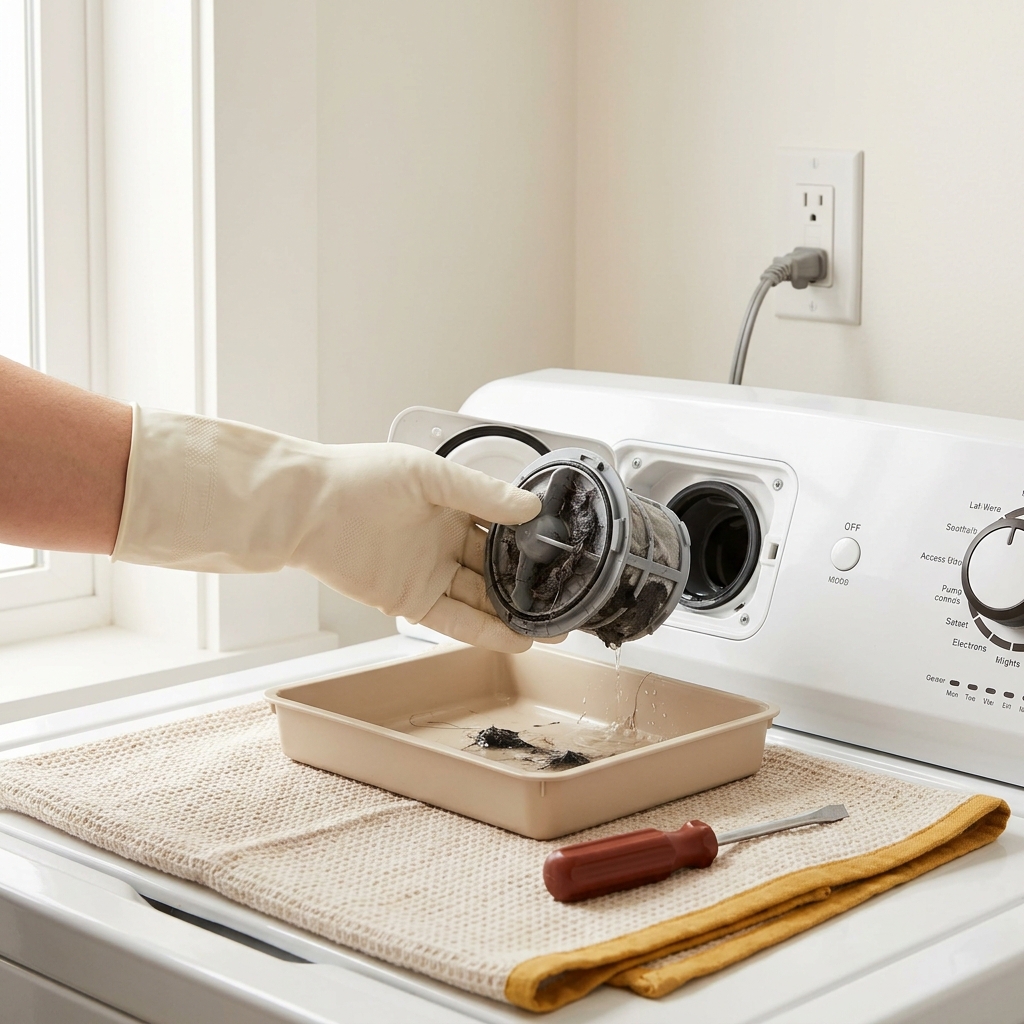 Close up of a hand removing a rinseable drain pump filter from a front load washing machine with debris on the filter and a shallow tray below do all washing machines have filters that need to be cleaned