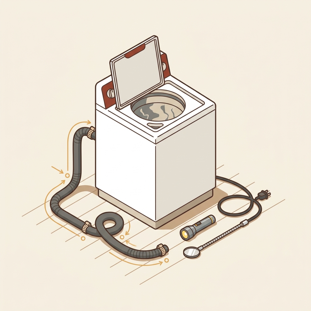 Vector 2D illustration of a top load washing machine with lid open and visible drain hose being inspected for kinks tools include flashlight inspection mirror and unplugged power cord do all washing machines have filters that need to be cleaned