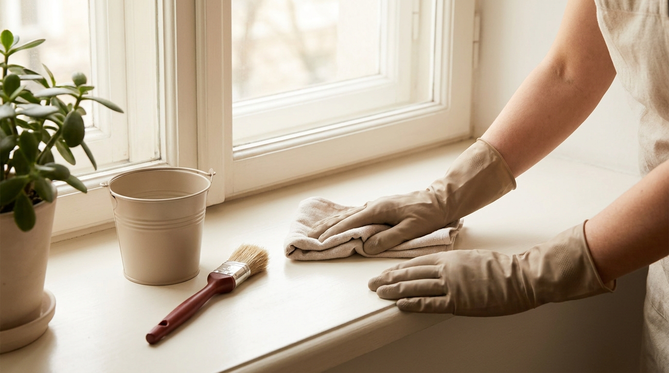 Homeowner wearing gloves wiping a painted wood window sill with a soft cloth, bucket and small brush beside on a tidy counter, warm minimalist home setting.
