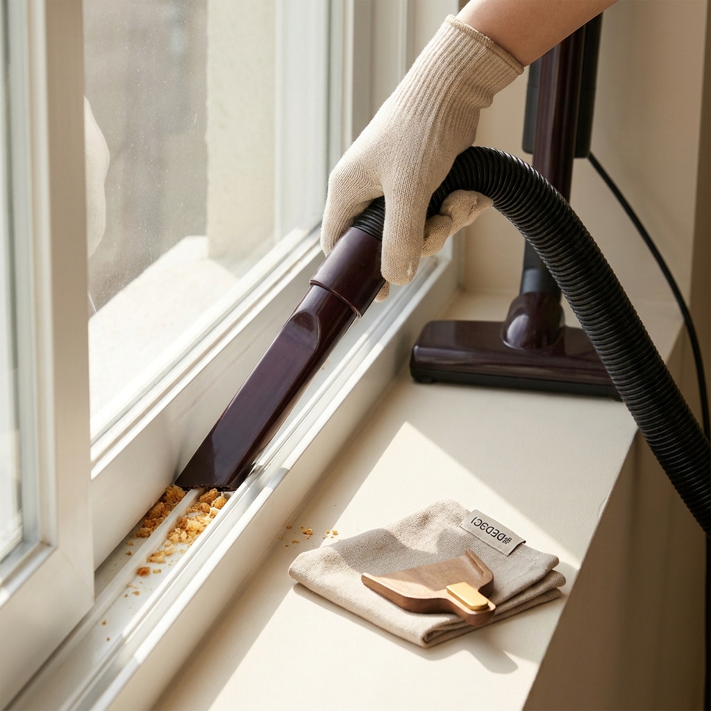 Close up of a vacuum crevice tool removing crumbs from a window track on a light beige sill with a gloved hand and bright daylight in the background showing a clean sill