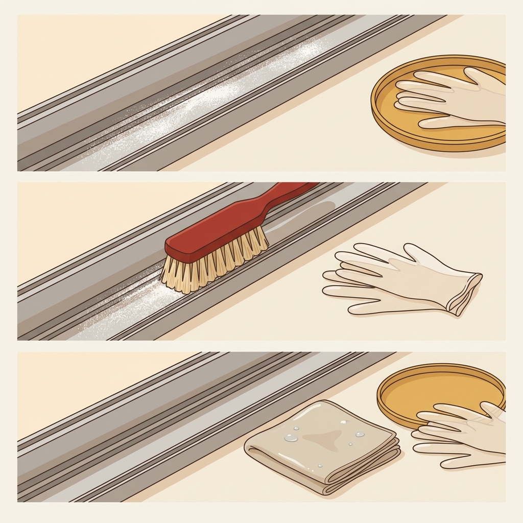 Minimalist vector illustration with baking soda sprinkled into the track a small brush beside it and a damp cloth ready for wiping on a warm cream background