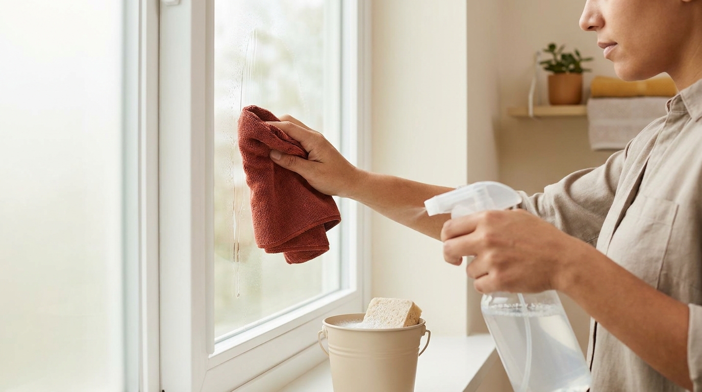 Close up of person cleaning a vinyl window with microfiber cloth and small soap bucket keeping cleaner off the vinyl frame