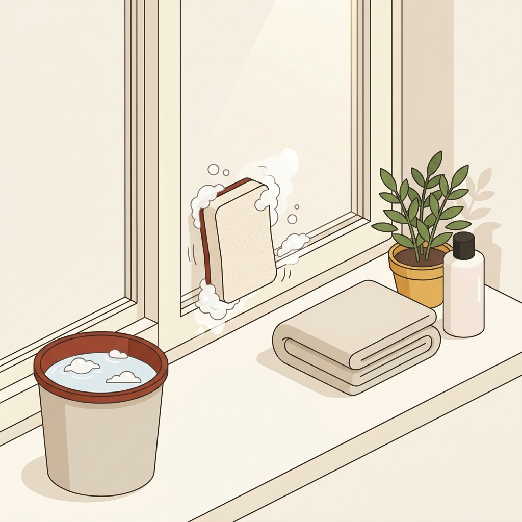 Minimalist 2D vector of cleaning a vinyl window frame with a soft sponge small bucket of soapy water and folded towel nearby no hands visible