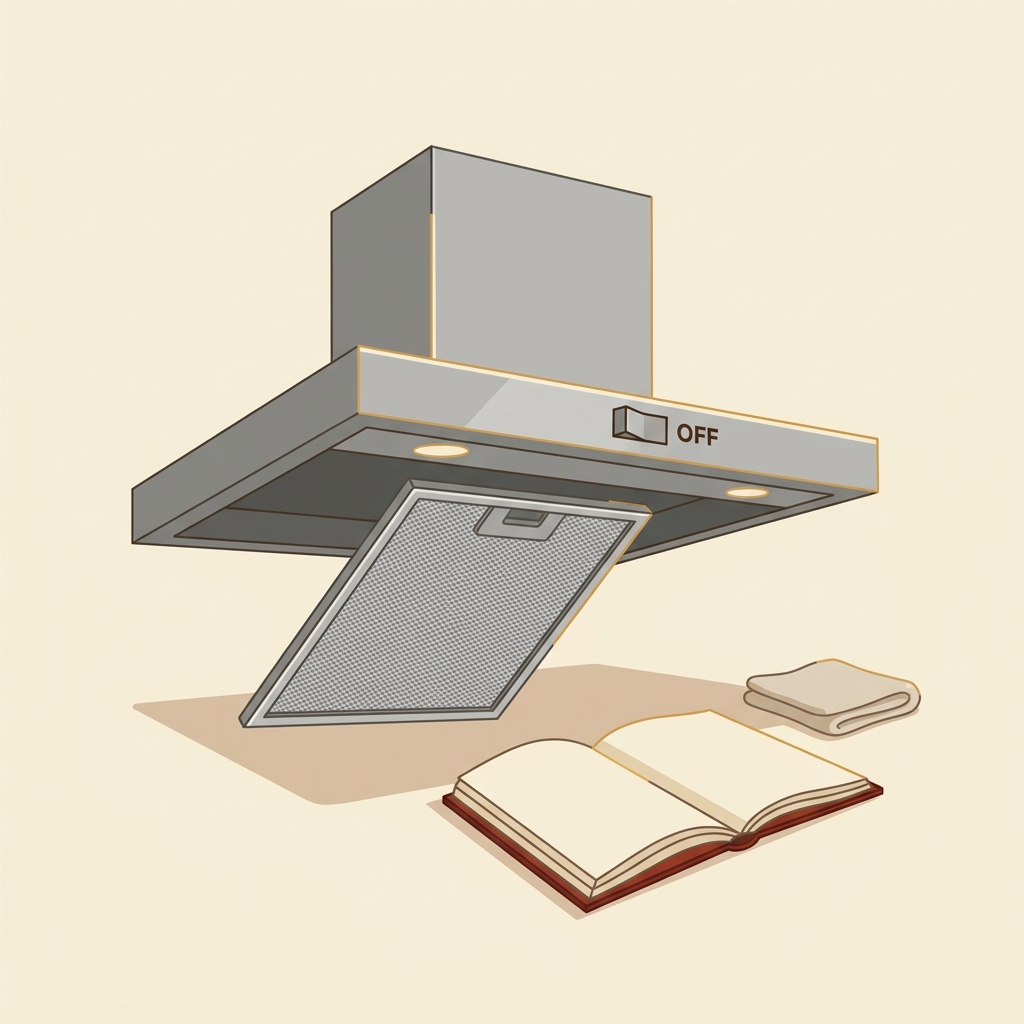 Vector showing a dry mesh filter half reinstalled into a cooker hood with the switch in off position and the manual nearby