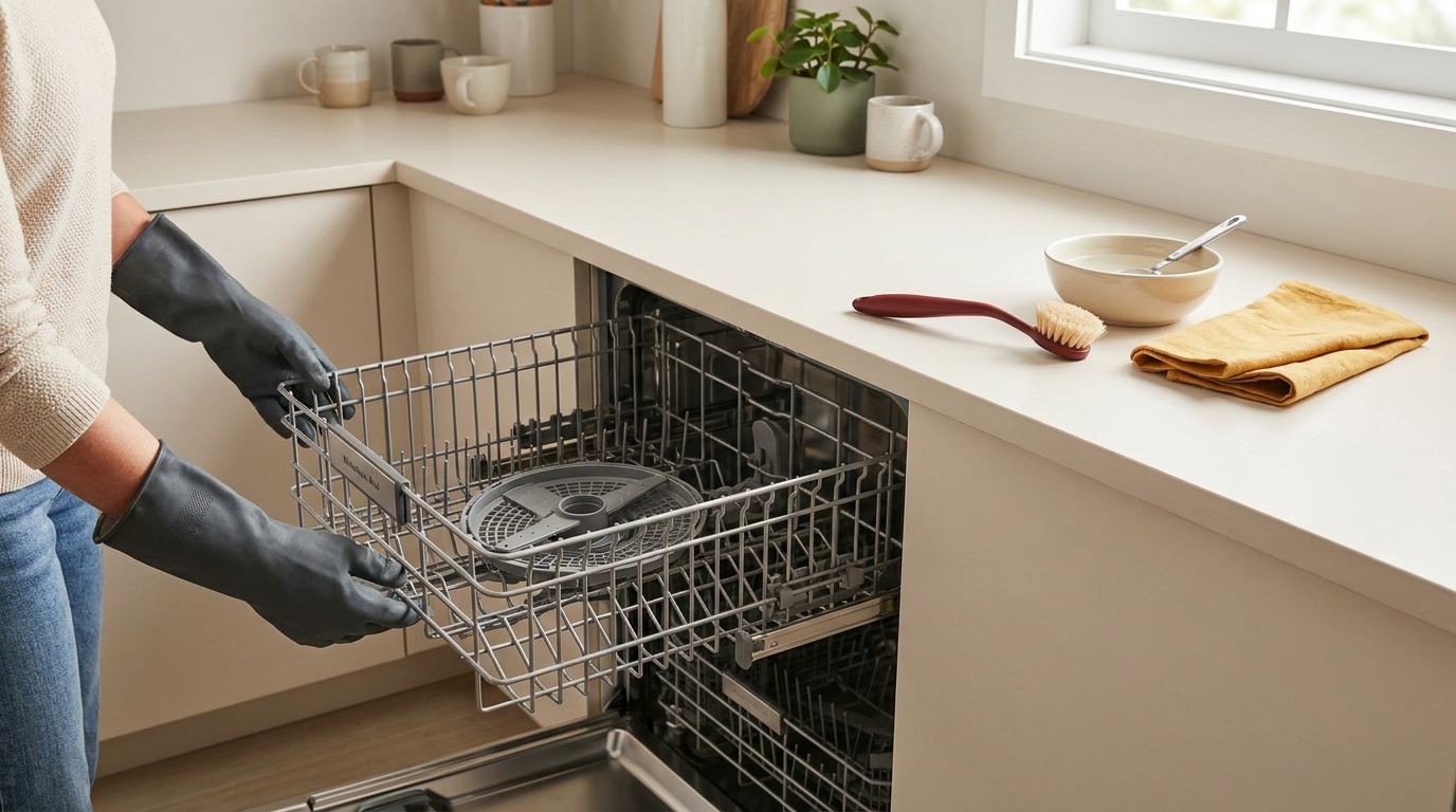 Person pulling out lower rack of KitchenAid dishwasher revealing center floor gloved hands and soft brush