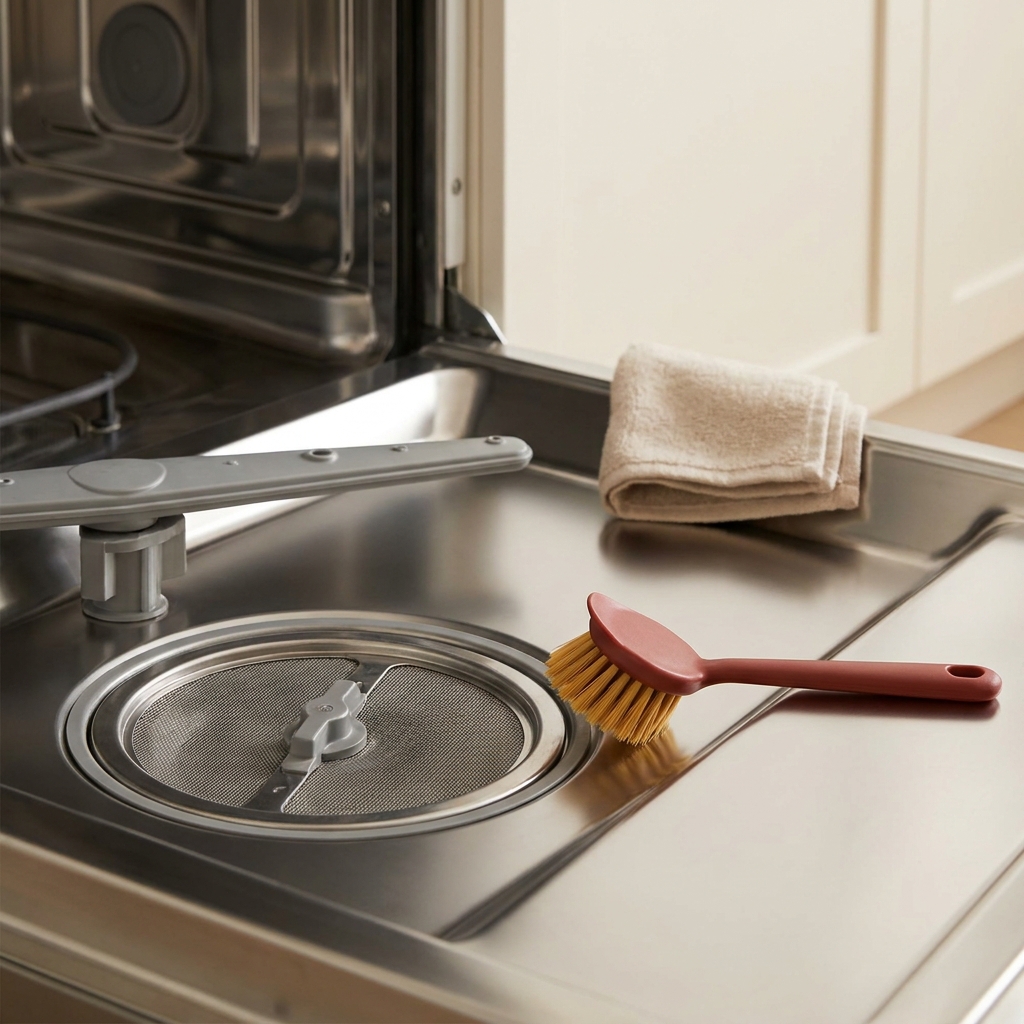 Close up full frame view of a circular dishwasher filter set in the tub floor with the lower spray arm visible and a soft brush with a deep red handle beside it