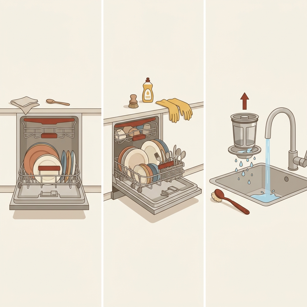 Three panel 2D vector showing opening dishwasher door lower rack pulled out and the upper microfilter removed and rinsed in the sink