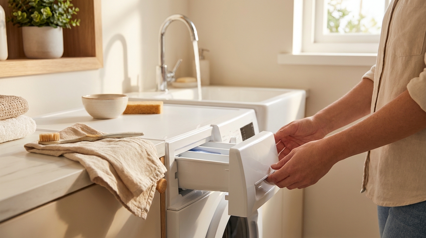 Person removing washing machine detergent drawer using a soft toothbrush and cloth by a running tap showing whats the best way to clean a washing machine drawer on a warm beige background
