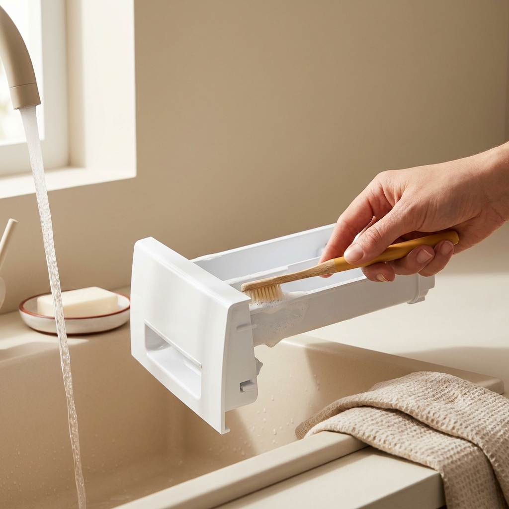 Close up of a washing machine detergent drawer under warm running water with a soft toothbrush cleaning corners showing whats the best way to clean a washing machine drawer
