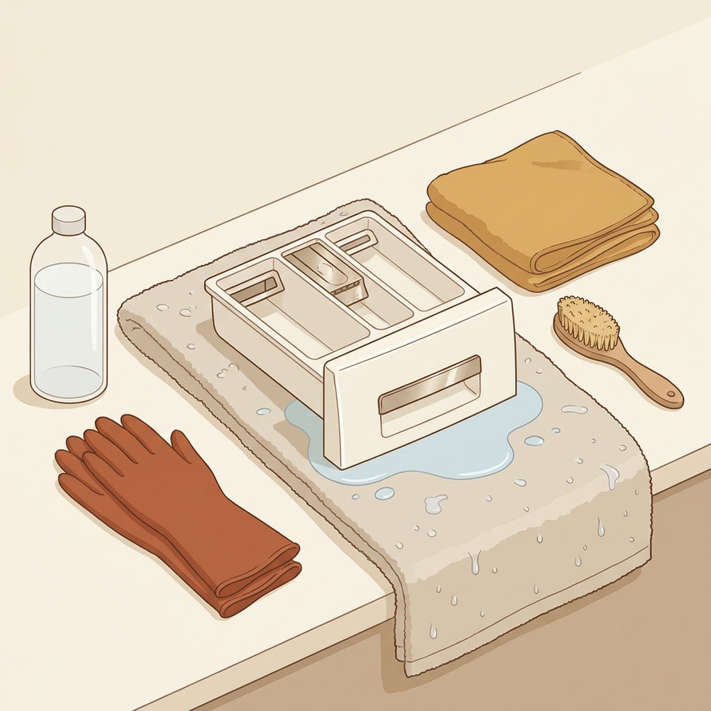 Minimalist 2D vector illustration of a removed washing machine drawer drying on a folded towel with a soft cloth and a small flexible brush nearby on a warm beige background