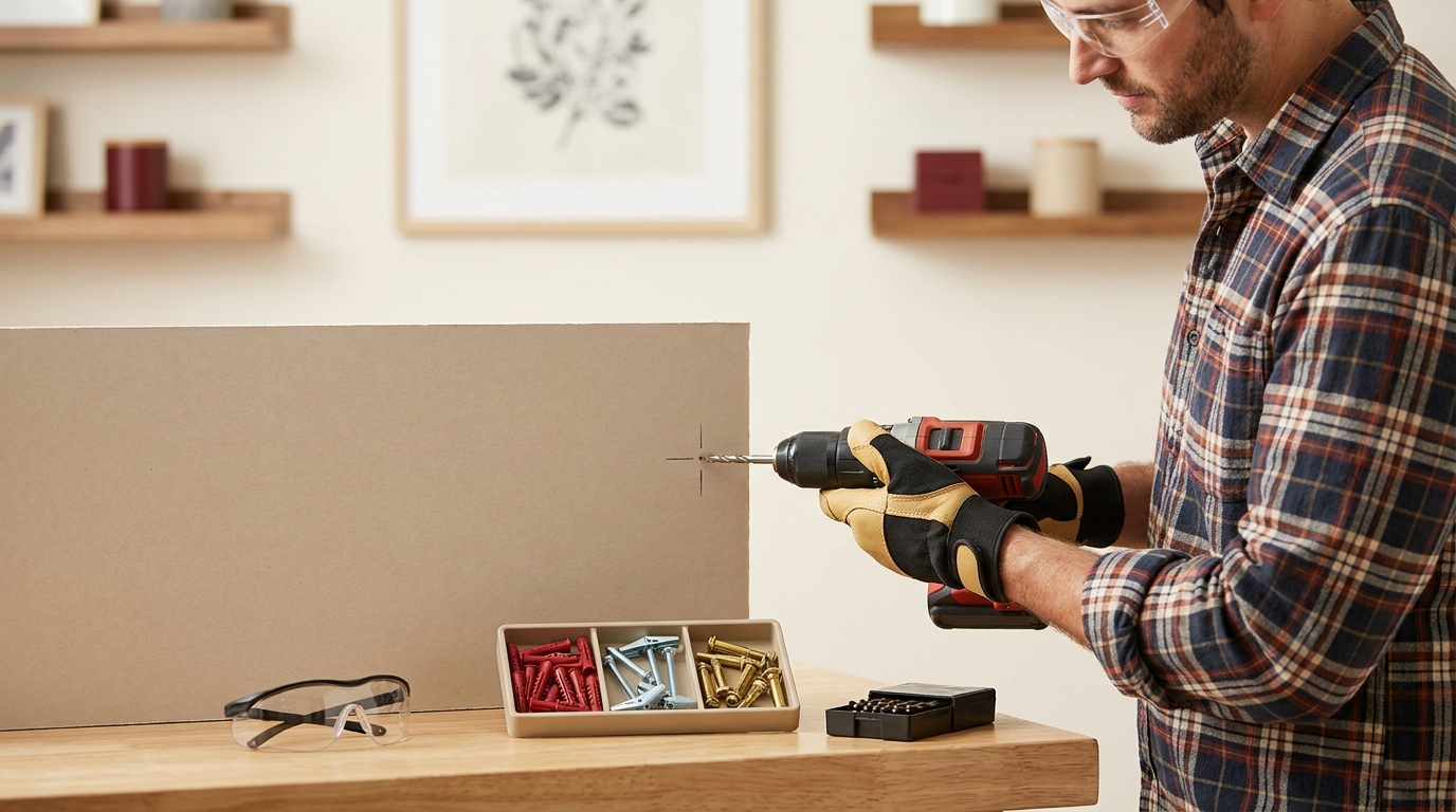 Homeowner holding a cordless drill next to drywall with several anchor types laid out on a tidy work surface safety glasses visible