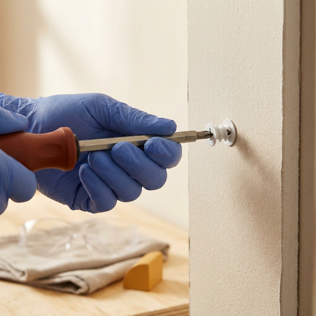 Close up warm photo of a self drilling drywall anchor being driven flush into drywall with a screwdriver bit held by a gloved hand showing correct placement