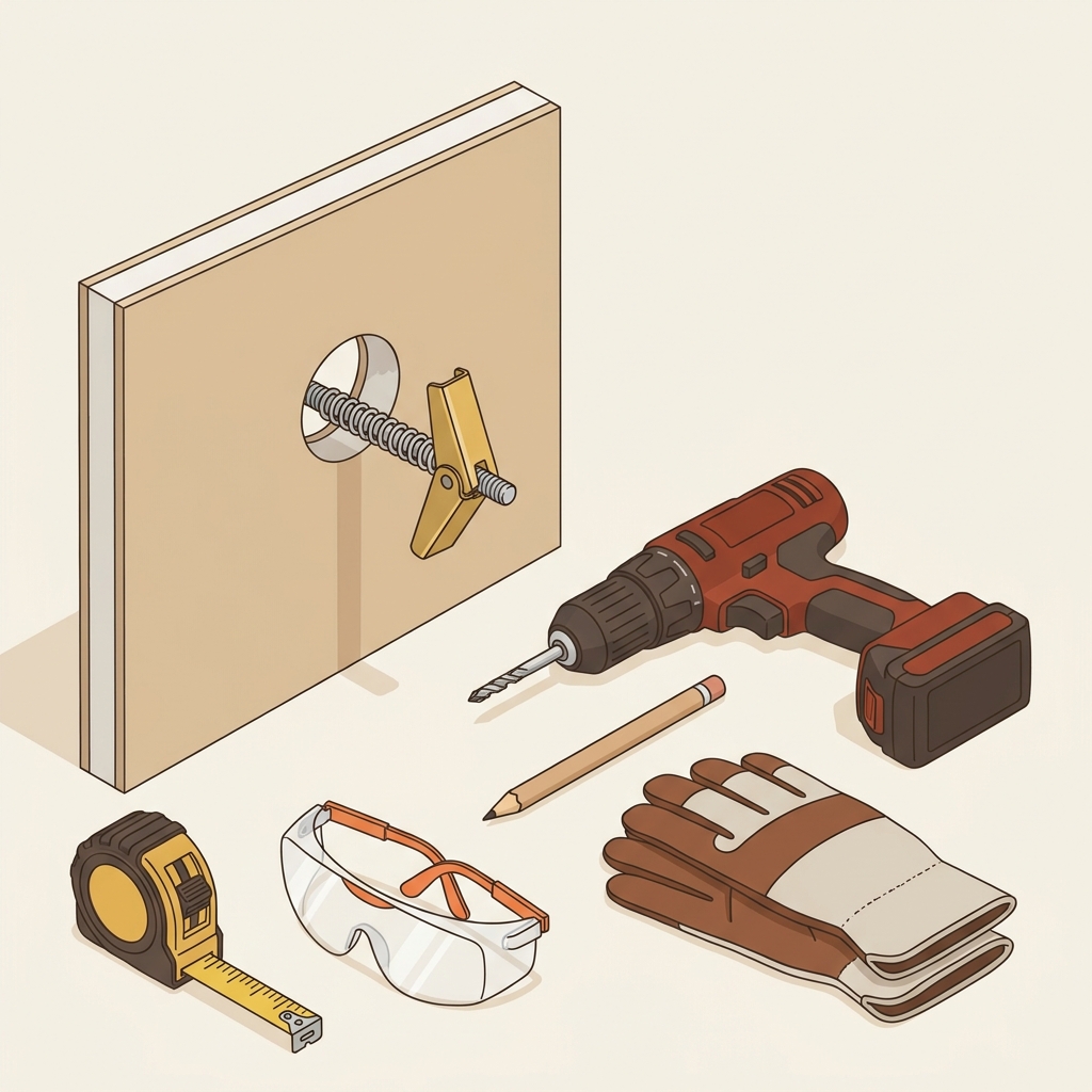 Vector 2D of a toggle bolt folded being inserted into a pre drilled drywall hole with a drill powered off and a tape measure nearby