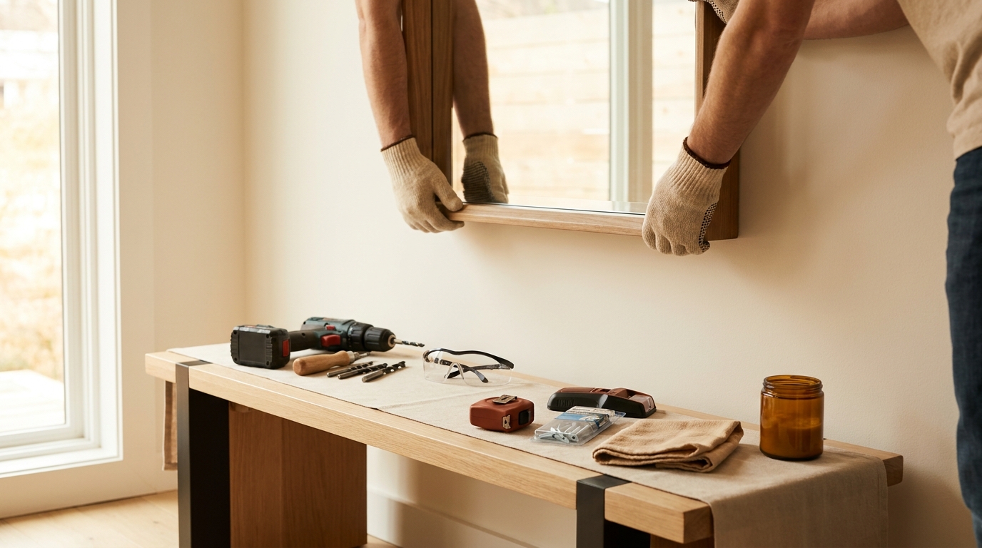 Homeowner holding a large framed mirror against drywall with drill bits toggle bolts measuring tape and a stud finder on a bench