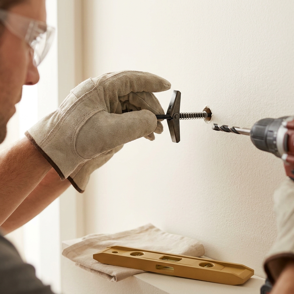 Close up of hands wearing protective gloves inserting folded wings of a toggle bolt through drywall with the correct drill bit visible