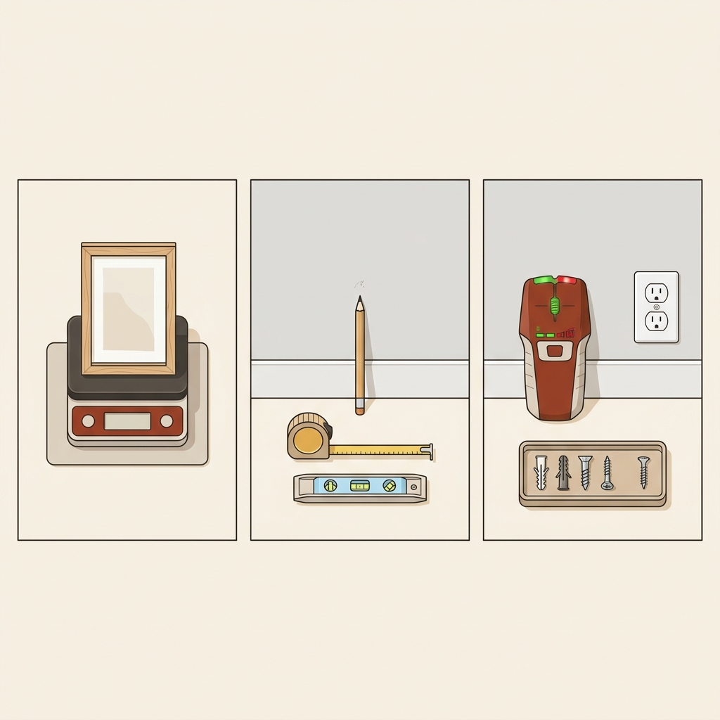 Minimalist 2D vector triptych showing measuring an item on a digital scale marking a wall with a pencil and testing for a stud with a stud finder