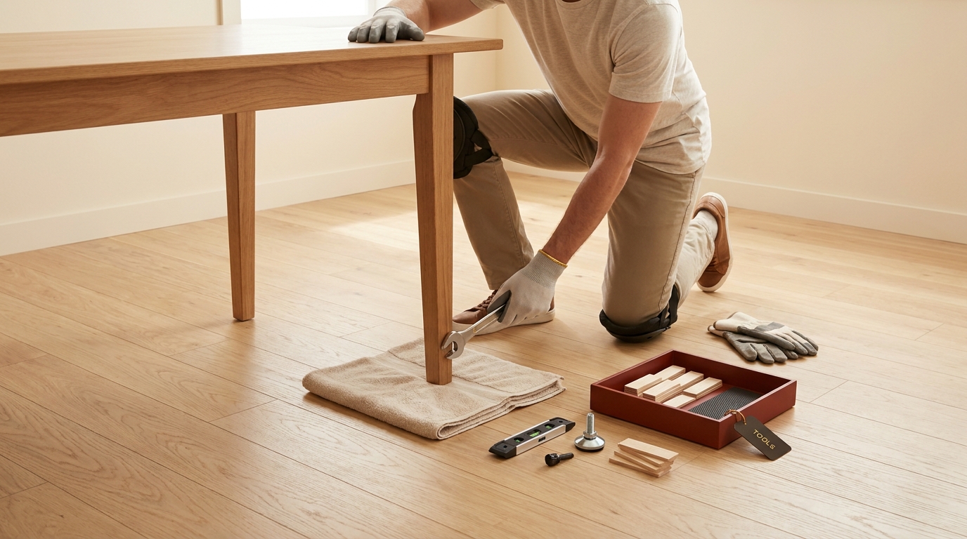 Homeowner testing a table leg on a wooden floor with tools and a safety setup