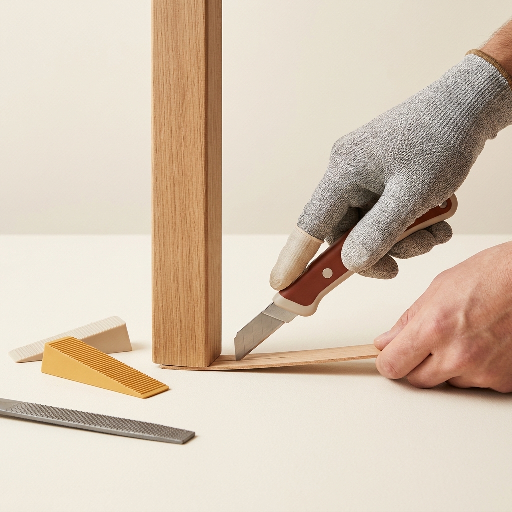 Close up of a hand trimming and inserting a thin wood shim under a wooden table leg with rubber wedges visible on a cream background