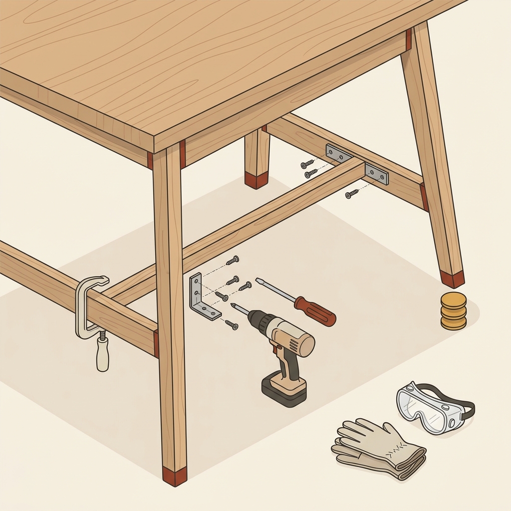 Under table 2D vector showing L brackets and a central stretcher fitted between wooden legs to show with drill clamp and safety goggles on warm beige background