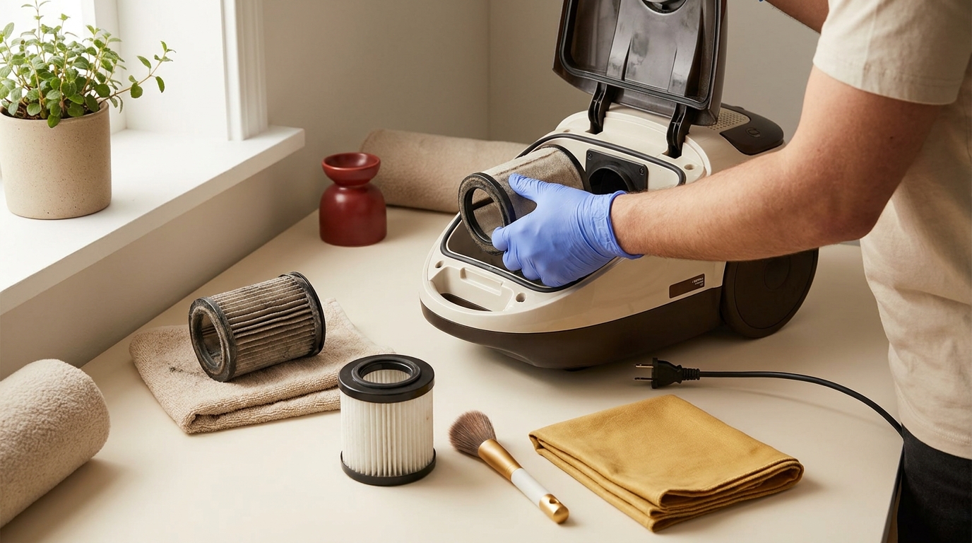 Homeowner removing a vacuum filter on a clean towel at a tidy work surface with tools and unplugged vacuum visible