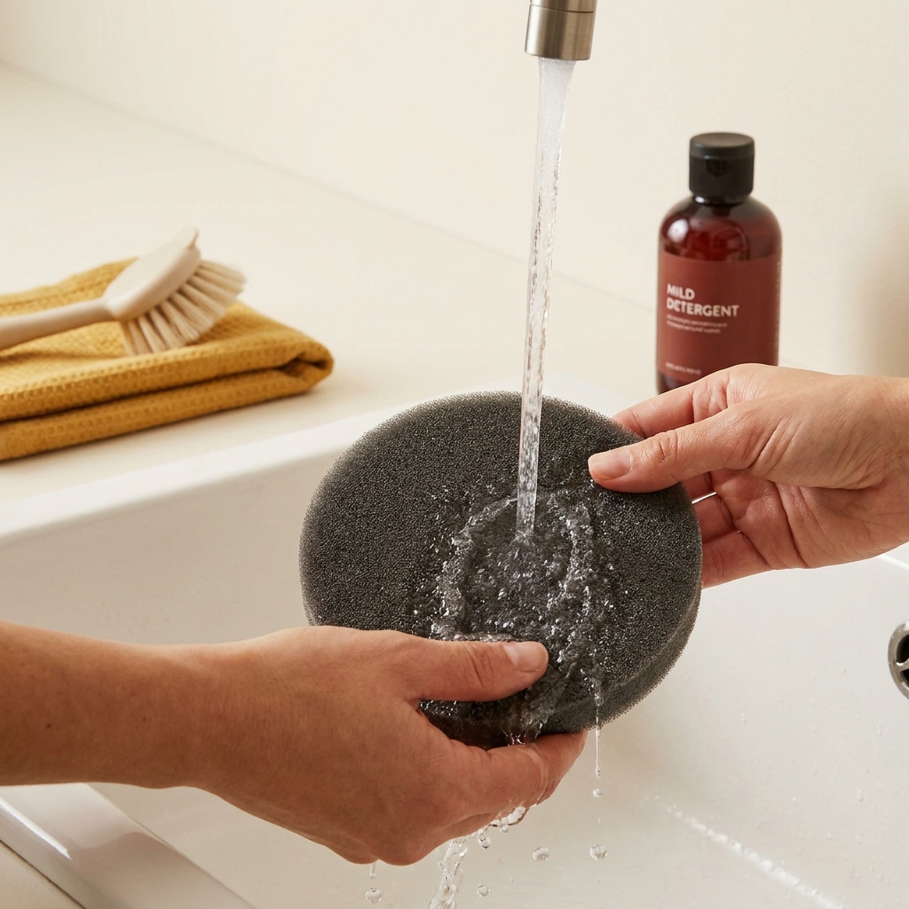 Close up of hands rinsing a foam vacuum filter under lukewarm running water in a bright sink with minimal props