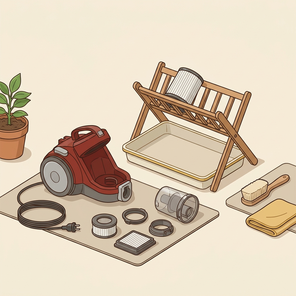 Fully air dried vacuum filter on a drying rack beside a disassembled unplugged vacuum with parts and cleaning tools neatly arranged on a mat