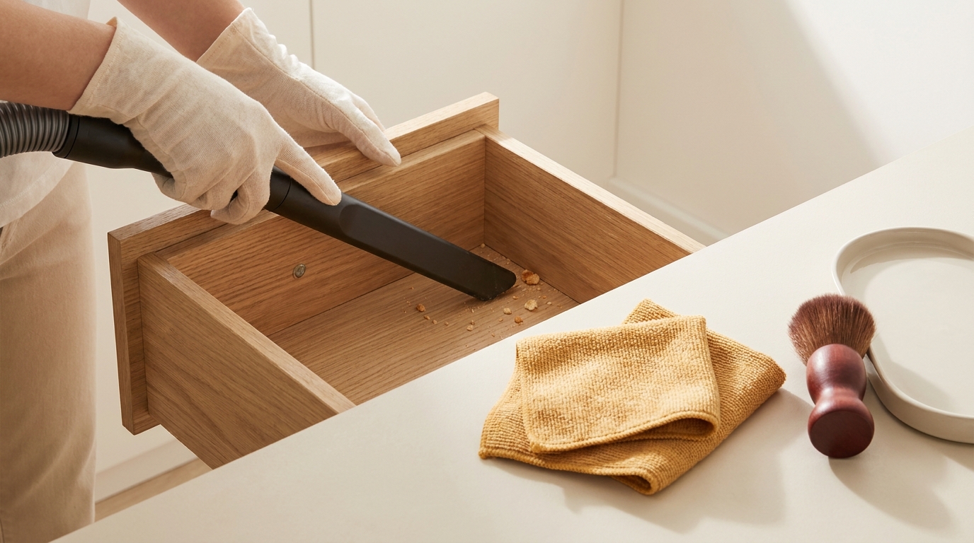 Person emptying a wooden drawer with a vacuum crevice tool and a microfiber cloth nearby in a warm minimalist room