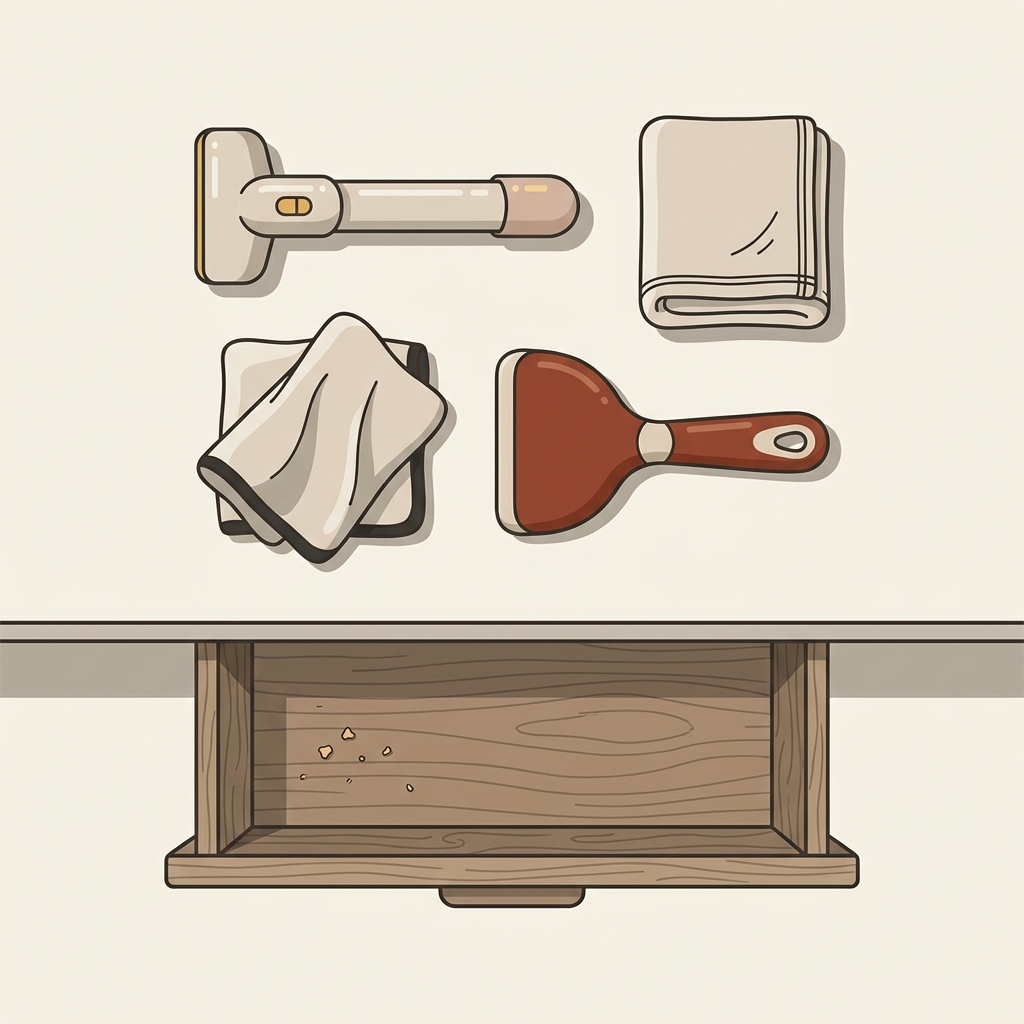 Top down 2D vector of an open wooden drawer and cleaning tools on a warm table showing vacuum crevice tool microfiber cloths non scratch plastic scraper and towel in brand colors