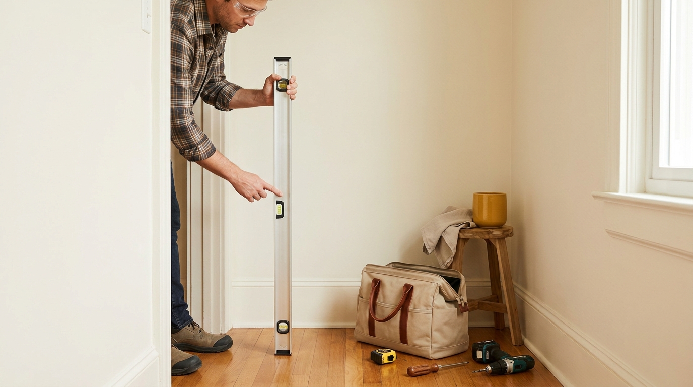 Homeowner holds a box level vertically against a wooden door jamb in a minimalist cream interior with nearby toolbox and tools.