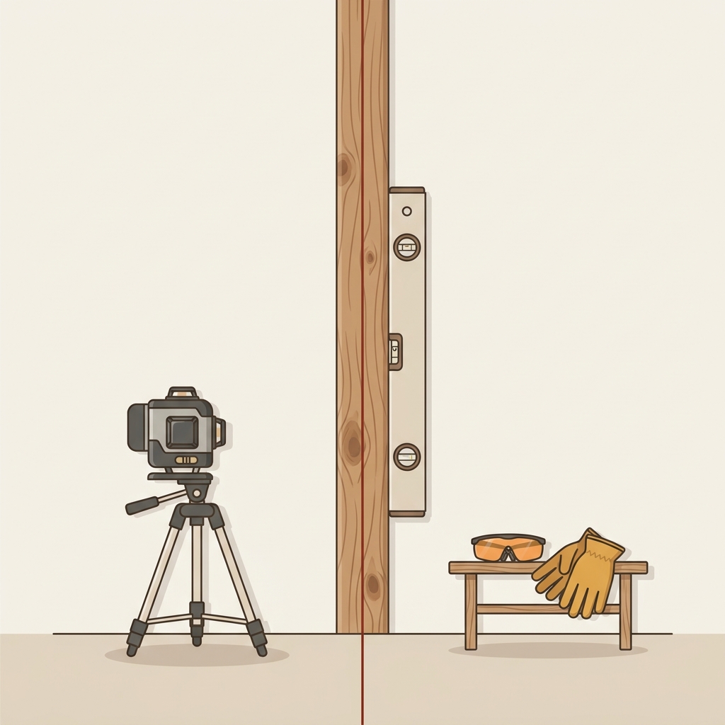 A laser level projecting a vertical line on a wall and a spirit level held against a stud for comparison