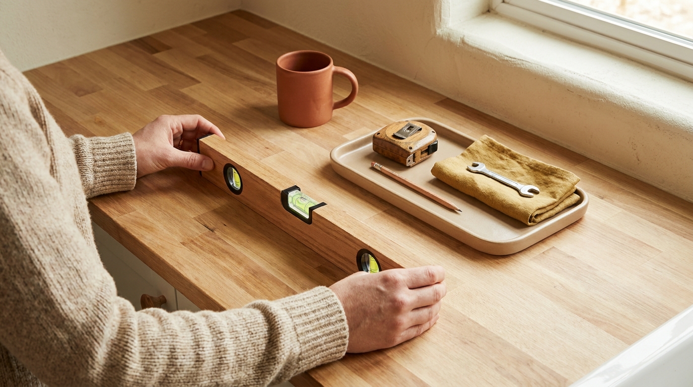 Homeowner demonstrating on a kitchen countertop with a bubble level and nearby tools in warm daylight
