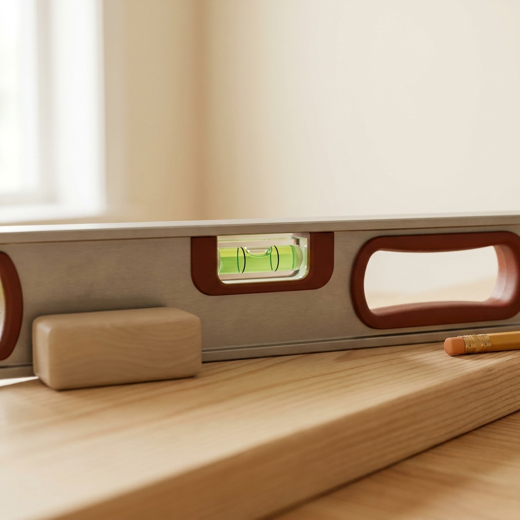 Close up of a spirit level vial with the bubble centered between the lines on a clean flat wood surface demonstrating warm natural light minimalist composition