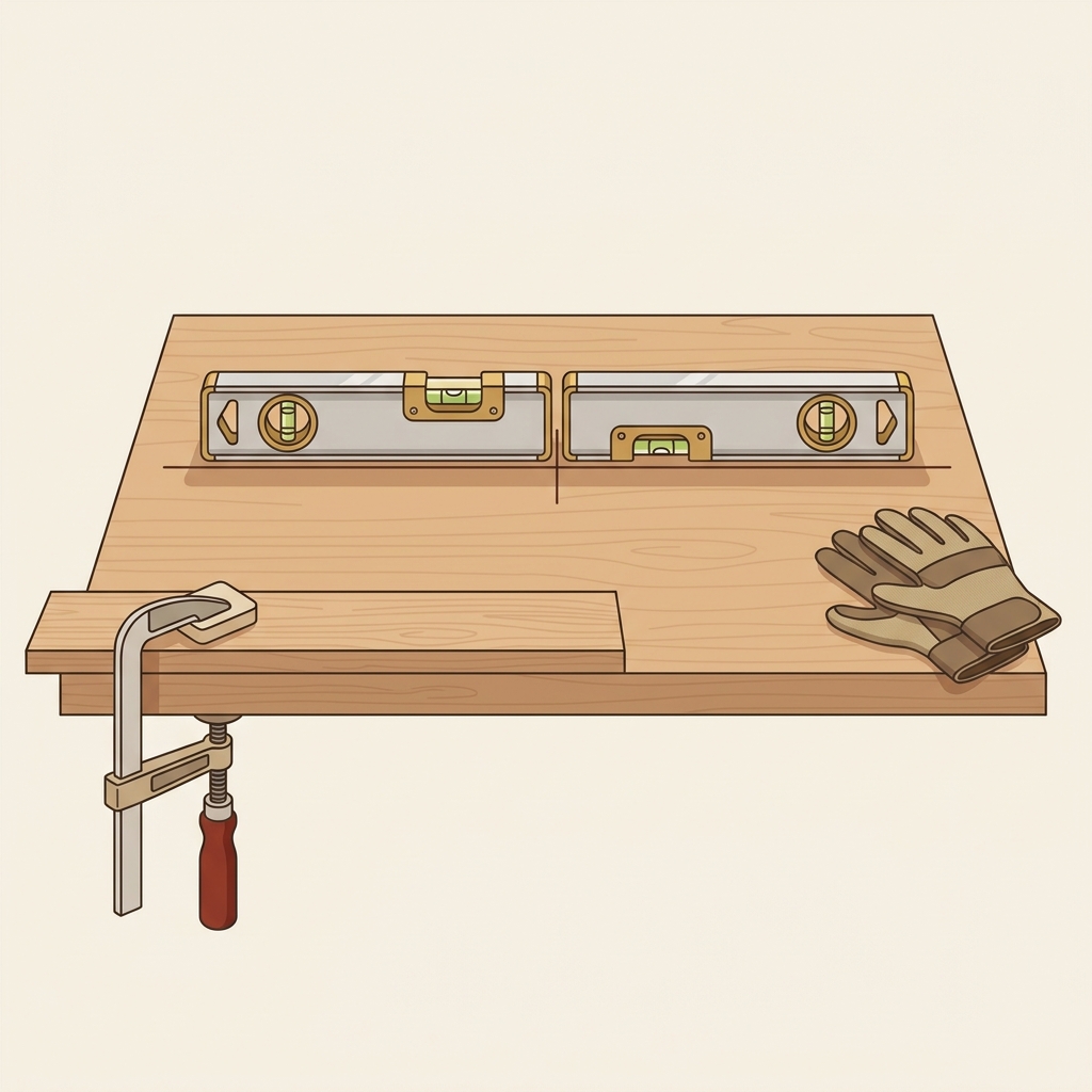 Two spirit levels placed end to end on a single marked reference line on a wooden workbench showing a rotation test with a clamp securing the plank and gloves nearby