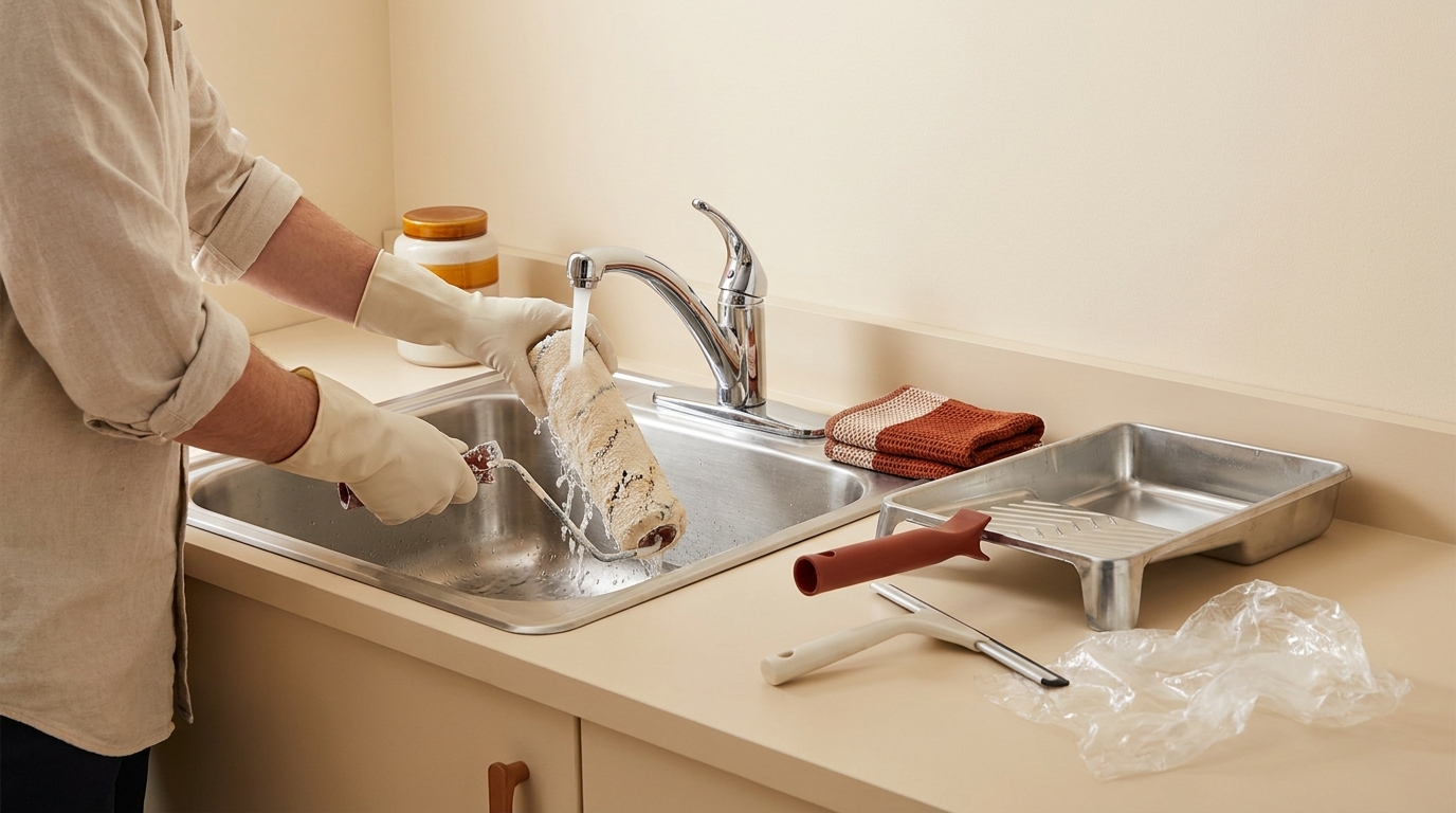 Homeowner rinsing a paint roller at a utility sink with a paint tray squeegee and plastic wrap on the side warm minimalist scene