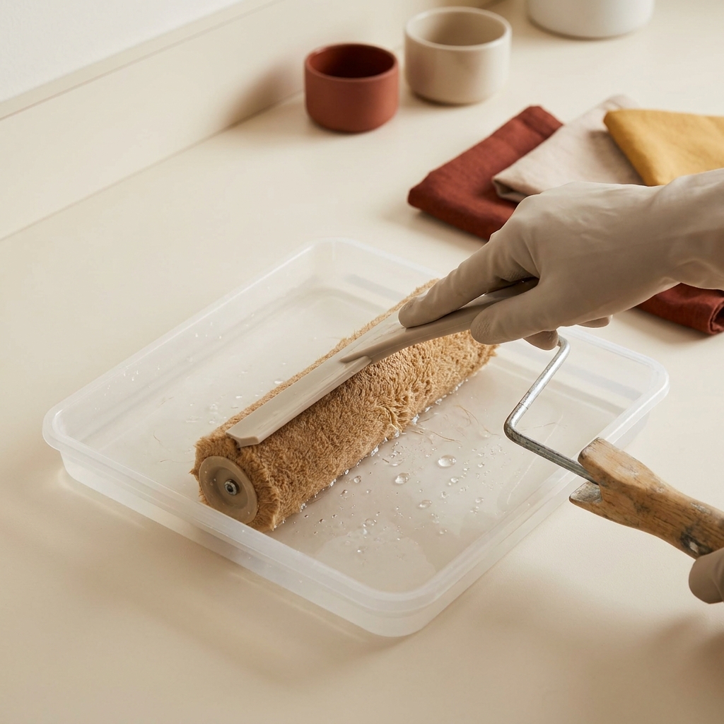 Gloved hand squeezing a paint roller with a squeegee into a tray of clear rinse water showing nap detail and tools