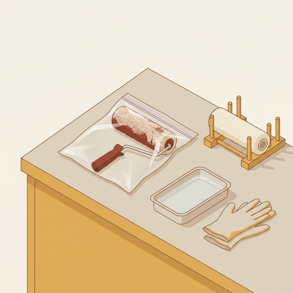 Vector illustration showing a used paint roller wrapped in a sealed bag beside a clean dry roller cover stored on a minimal rack