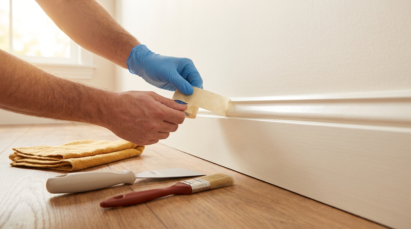 Hands peeling painters tape from freshly painted off white trim with a putty knife and a small brush nearby on a warm beige background