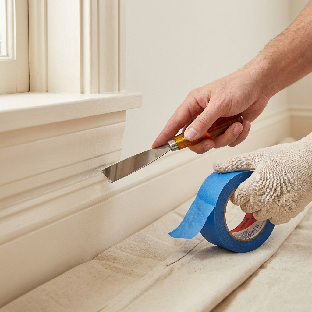 Close up of a hand scoring a painted trim edge with a putty knife beside a roll of painters tape on a warm well lit interior trim