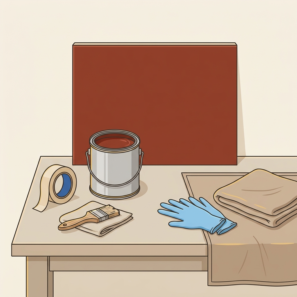 A painted wall, an open paint can, painter’s tape and a small touch-up brush