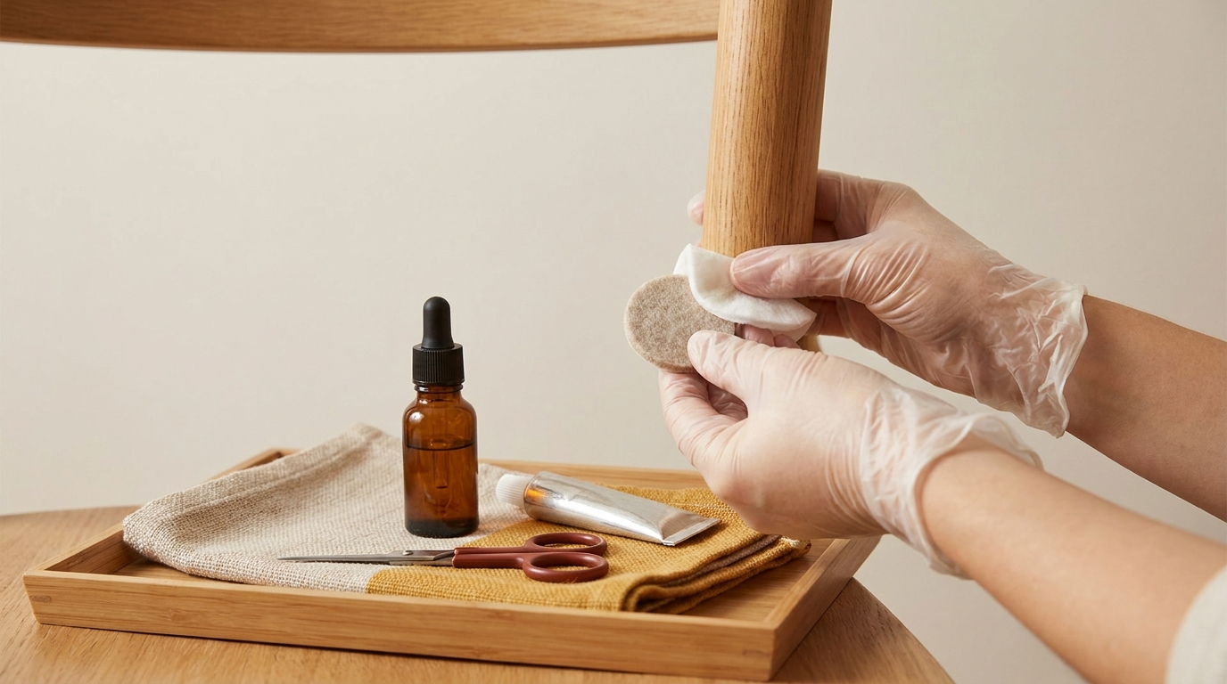 Hands cleaning a wooden chair leg and preparing to attach a felt pad with gloves and tools visible