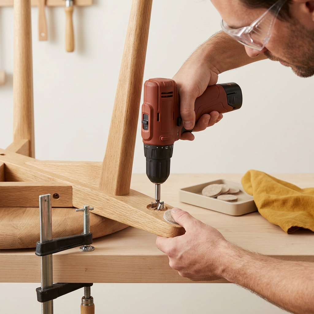 Close up of drilling a shallow recess in a wooden chair leg and pressing a felt pad into the inset with safety glasses visible