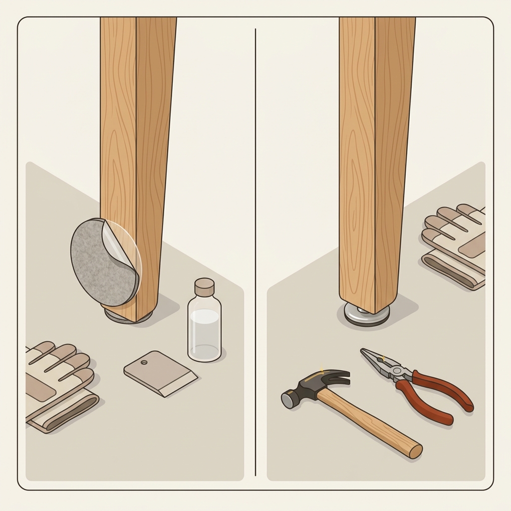 Minimal 2D vector side by side comparison of a peel and stick felt pad peeling at the edge and a nail on glide firmly attached to a wooden chair leg with nearby tools and gloves