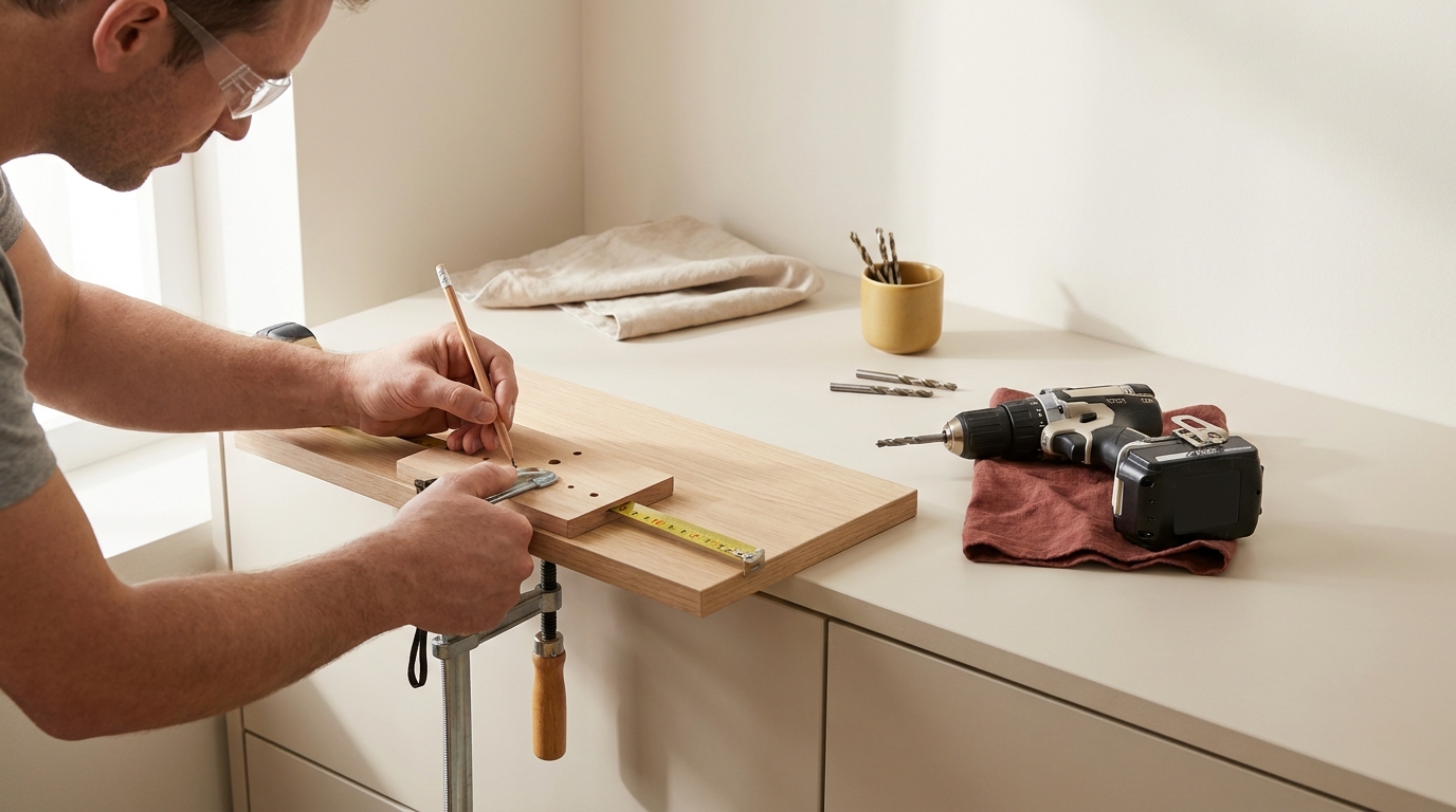 Homeowner aligning a cabinet handle with a drilling template on a clamped drawer front with tape measure pencil and drill nearby