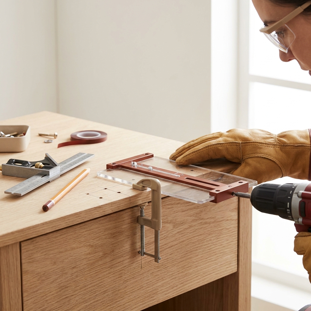 Close up of a hardware template clamped to a wooden drawer front with pilot holes marked and a square and pencil nearby