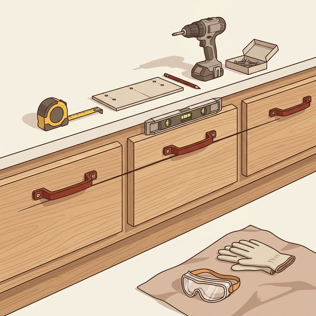 Low angle 2D vector illustration of a row of drawers with newly installed matching pulls aligned along a sight line tools including level tape measure drill and safety goggles