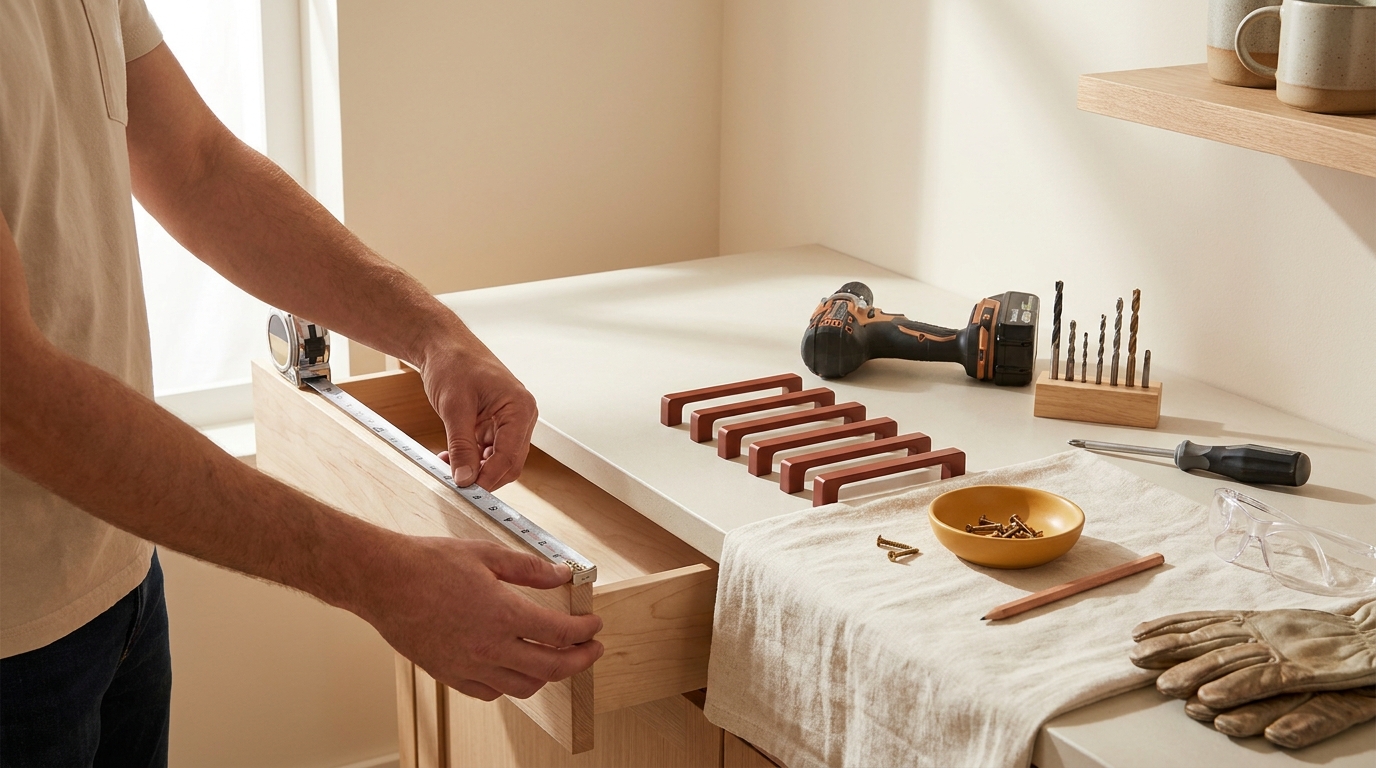 Homeowner measuring a kitchen drawer with tape measure beside new handles and drilling kit on pale beige counter