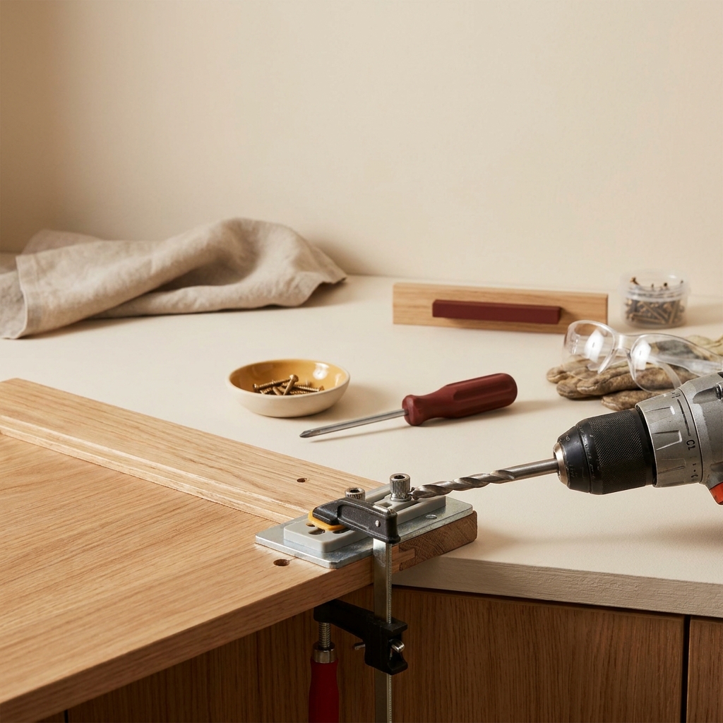 Drill and pilot bit aligned on a template on a cabinet door with screws and safety glasses