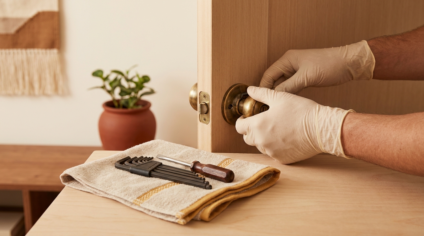 Homeowner tightening a loose doorknob rose with hex keys and a screwdriver on a small towel on a door panel