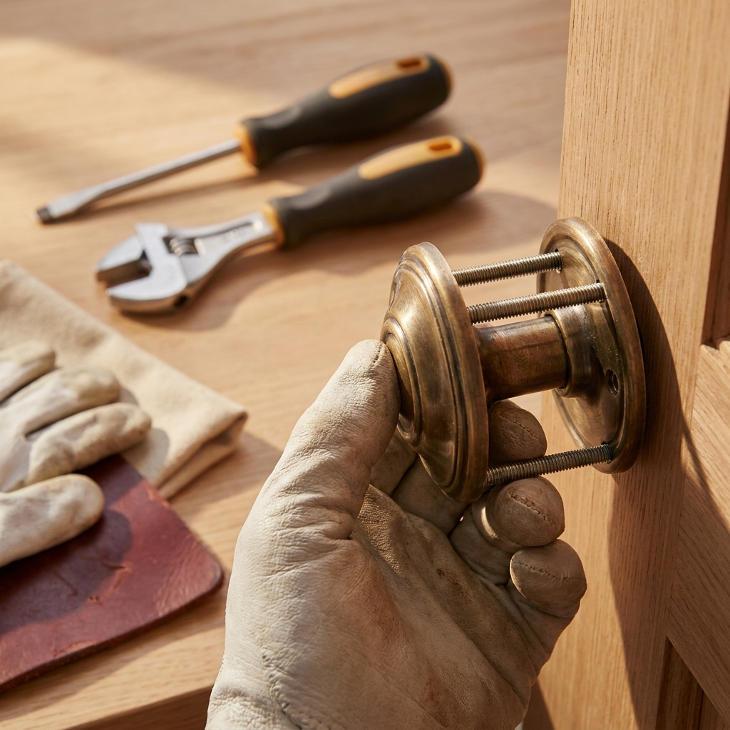 Close up warm photo of a hand sliding back a decorative rose to reveal long machine screws with tools visible in background
