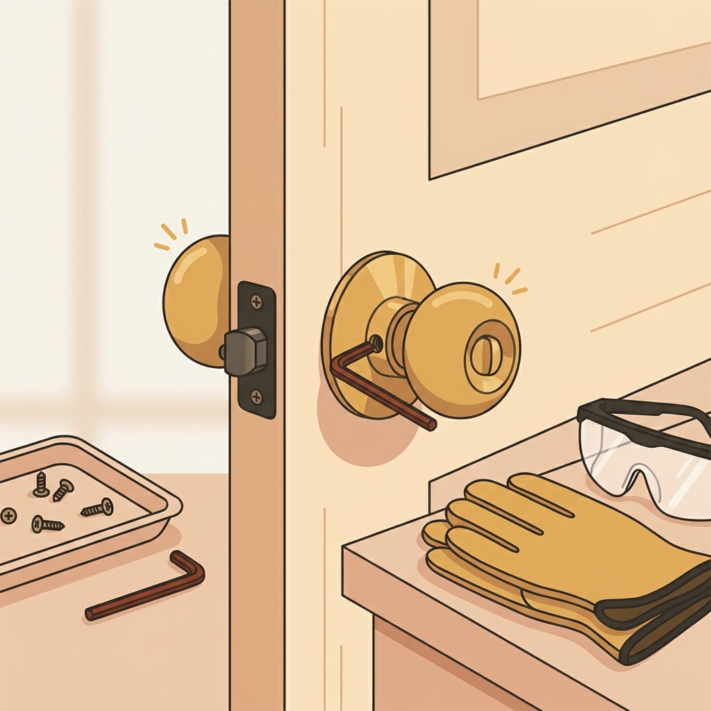 Minimal 2D vector illustration of a hex key tightening a small set screw on a door knob with the door edge and latch softly out of focus